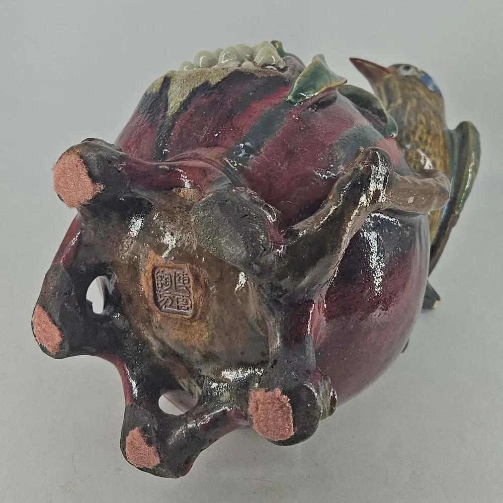 Vintage Chinese Shiwan Boyun Pottery bird on pomegranate Vase 11